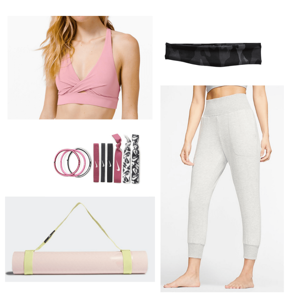 Best workouts for women: Yoga outfit with pink sports bra, jogger sweats, yoga mat, headband, hair ties