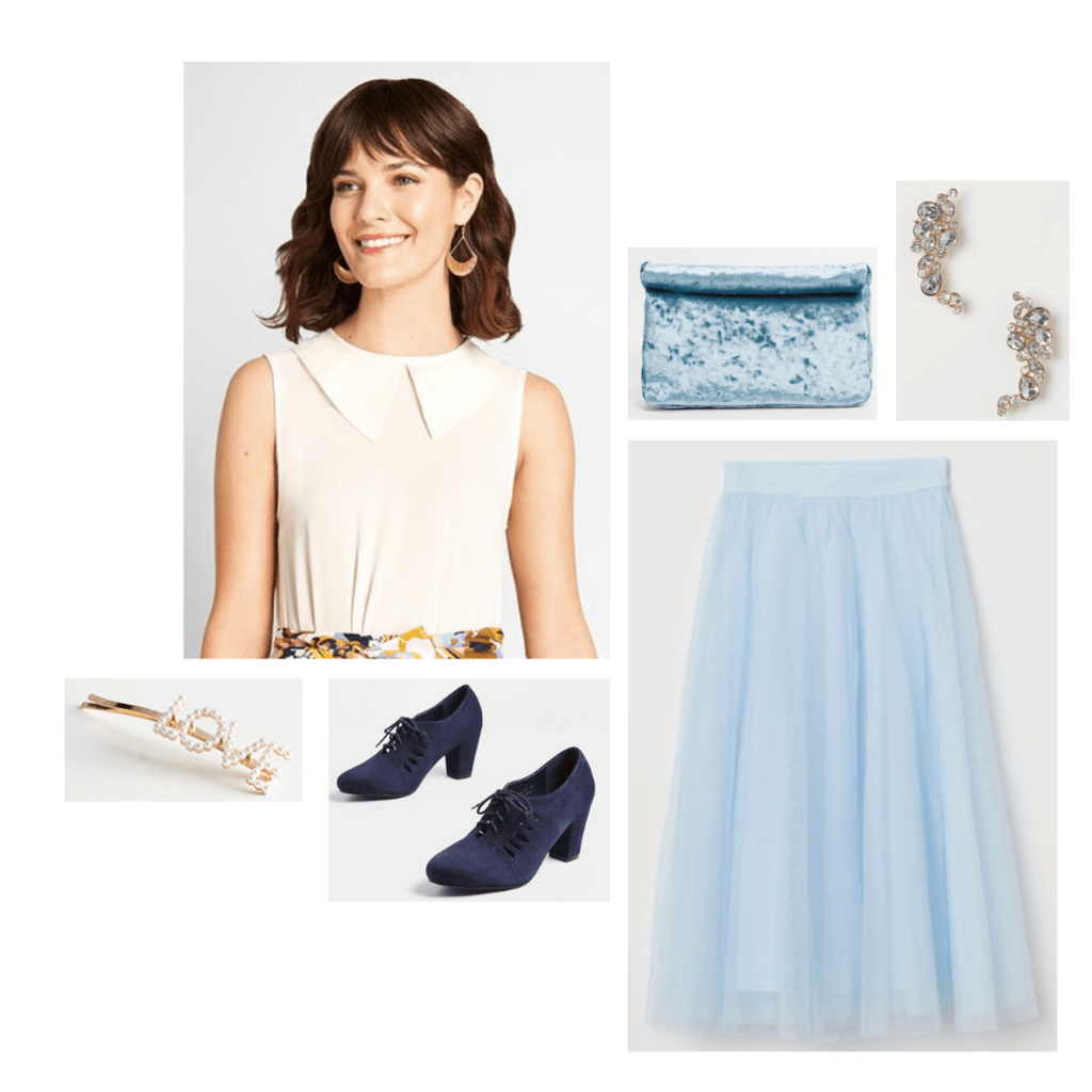 Outfit inspired by The Great: no-sleeve white tank with faux collar, baby blue pastel tulle midi skirt, chunky navy oxford heels.