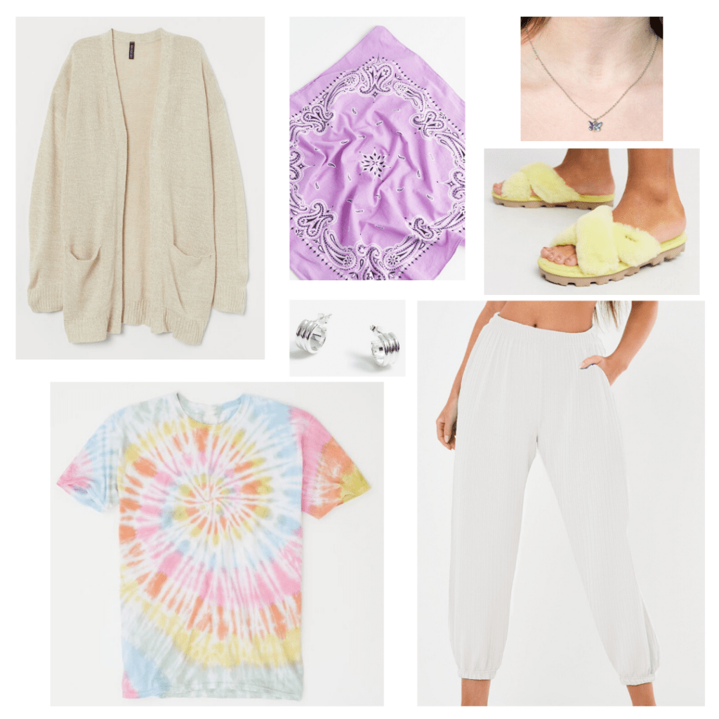 Casual at home tie dye shirt outfit with cream sweats, beige cardigan, rainbow tie dye shirt, bandana, fluffy sandals