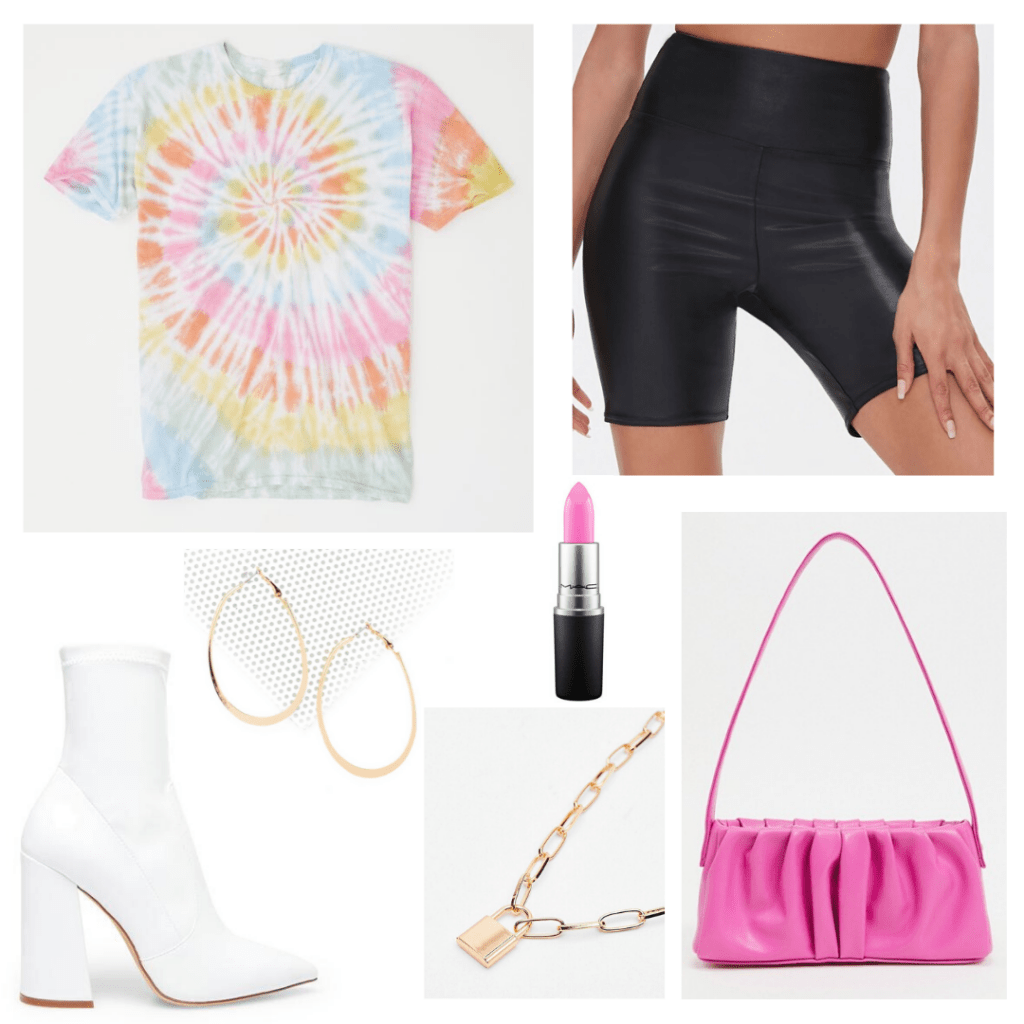 Tie dye shirt outfit for a night out with biker shorts, white ankle boots, neon purse, gold jewelry, bold lipstick