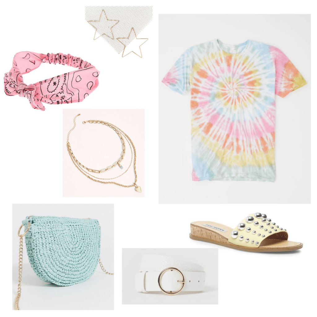 Tie dye shirt outfit for a day out with rainbow tie dye shirt, gold jewelry, crossbody bag, belt, sandals