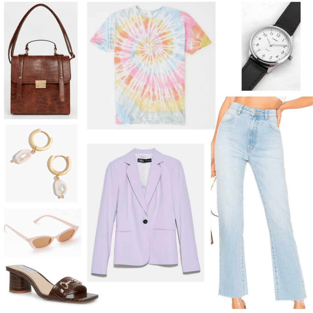 How to style a tie dye shirt into an outfit for work with wide leg jeans, lavender blazer, mules, earrings, cross body bag, simple watch