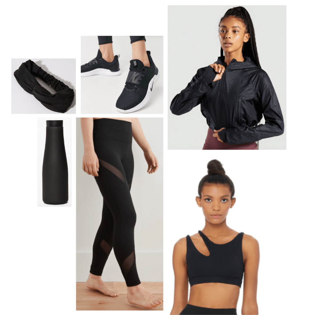 Black Widow inspired athleticwear look: asymmetrical cut out bra, black rain jacket, black workout leggings, black Nike sneakers