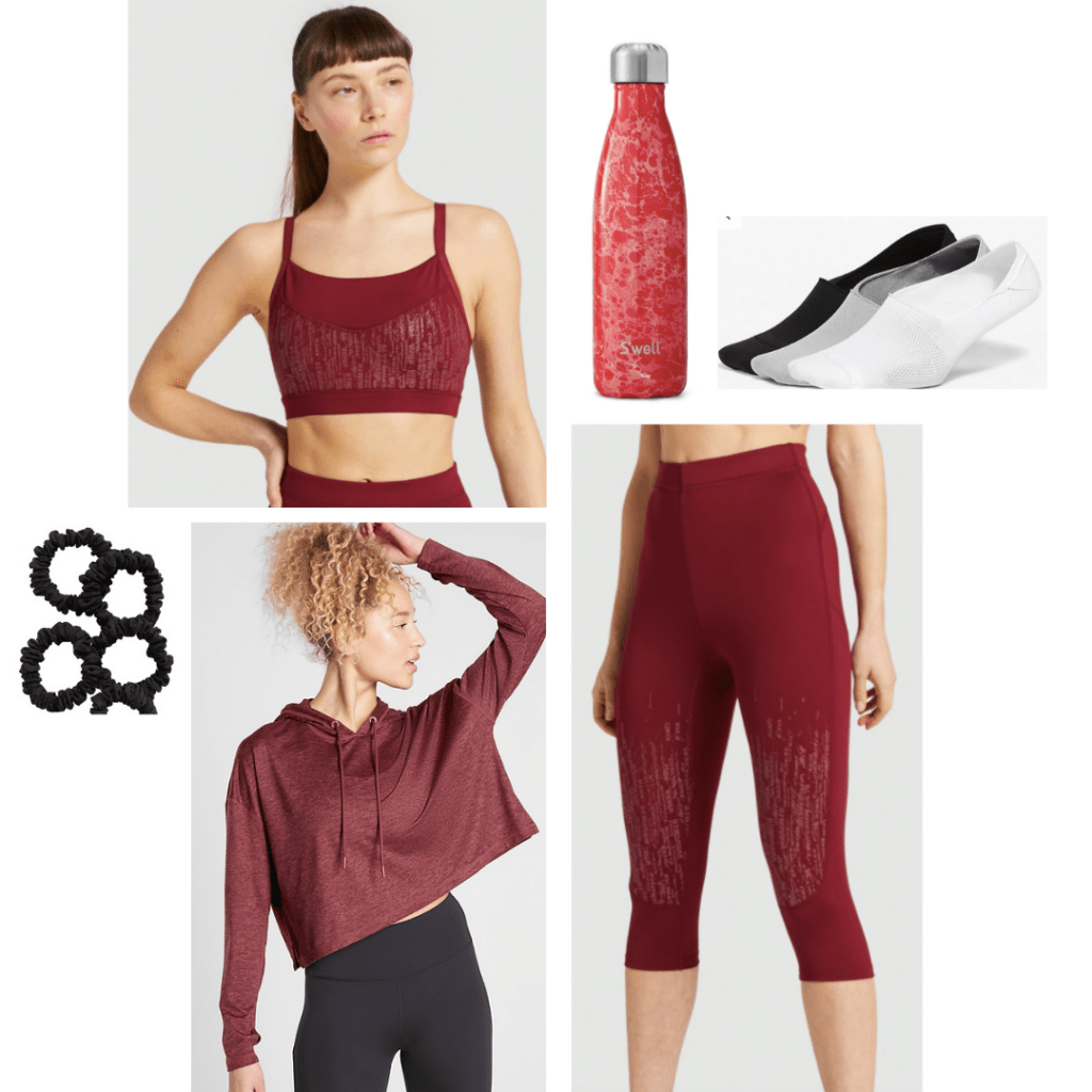 Scarlet Witch inspired activewear look: red long line sports bra, high-waisted red capri leggings, red cropped hoodie