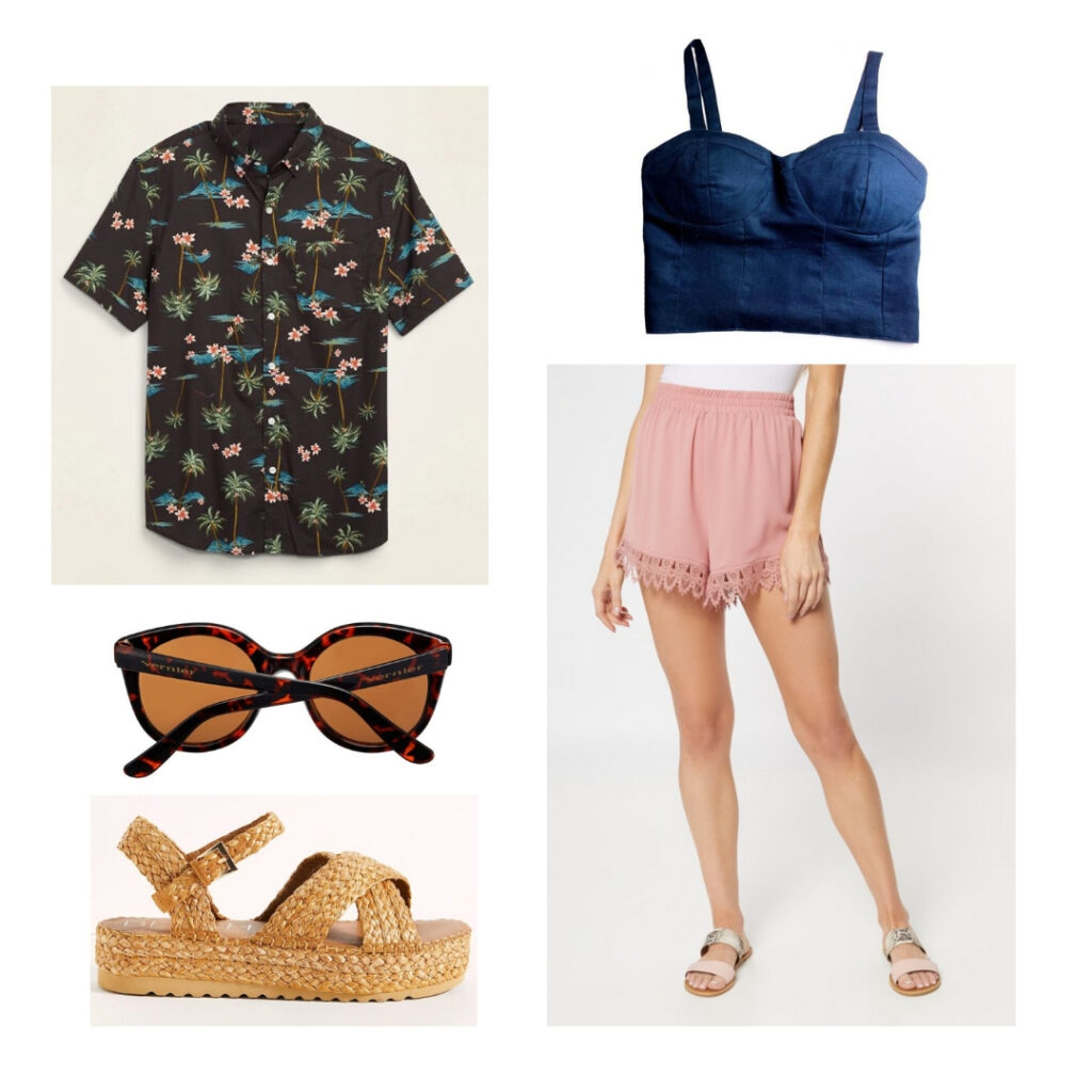 Outfit inspired by the 1940s: Floral button-up, corset top, flowy pink shorts, sunglasses, sandals.