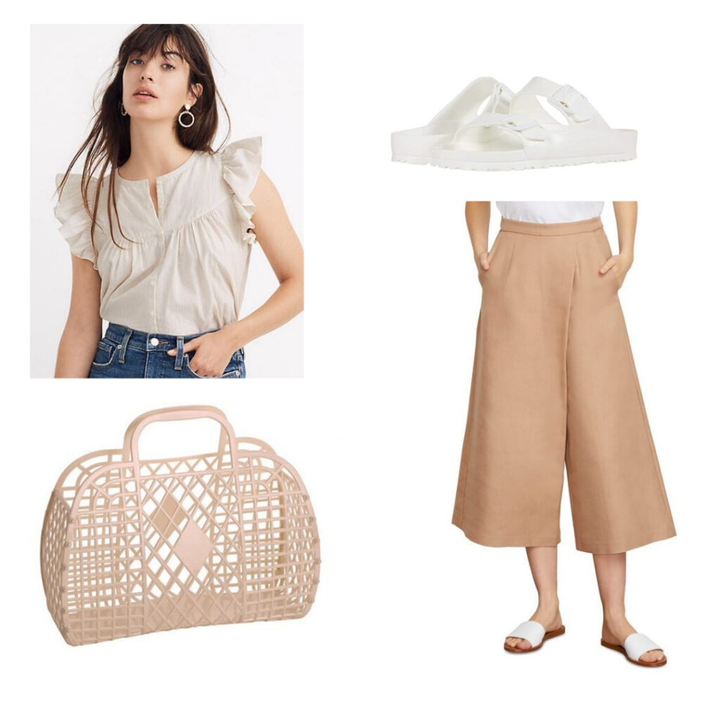 Vintage summer outfit inspired by the 1950s: Ruffled blouse, beige pants, birkenstock sandals, plastic bag. 