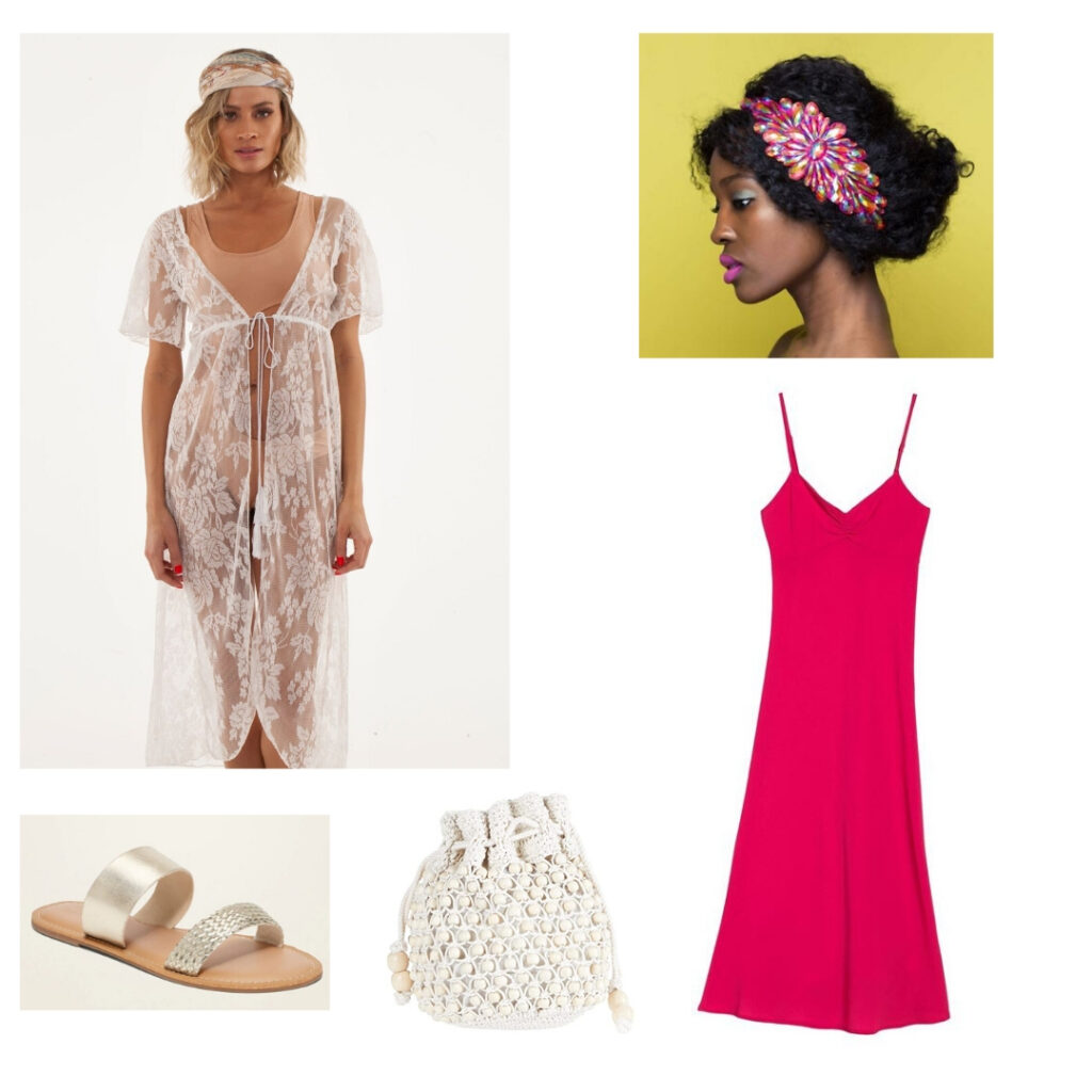 Outfit inspired by the 1920s: Lace kimono, pink dress, pink headband, gathered bag, gold sandals.