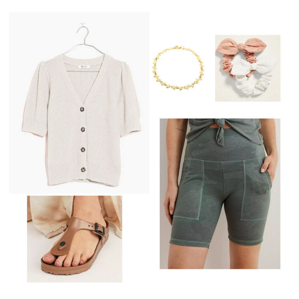 Vintage summer outfit inspired by the 1980s: Sweater top, biker shorts, hair ties, anklet, birkenstock sandals.