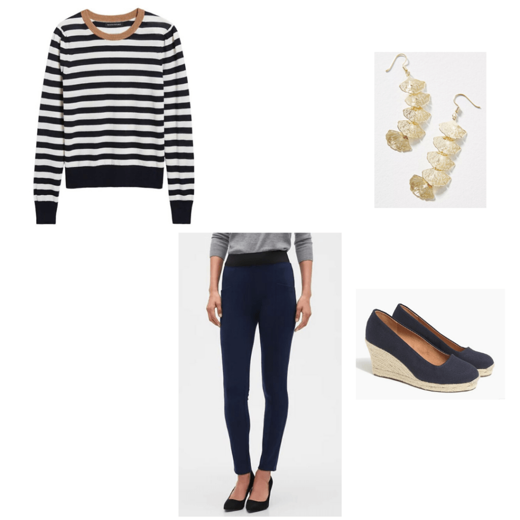 Kate Middleton zoom outfit - Striped sweater and navy pants by Banana Republic, Anthropolgie gold leaf drop earrings with J.Crew Factory navy espadrilles 