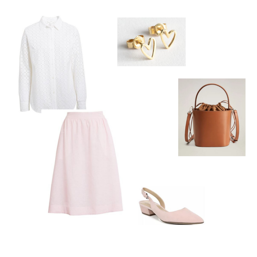 Julia Engel outfit 1: 1901 button down shirt and pink skirt, & Other stories heart earrings, Mango bucket bag, Macy's slingbacks