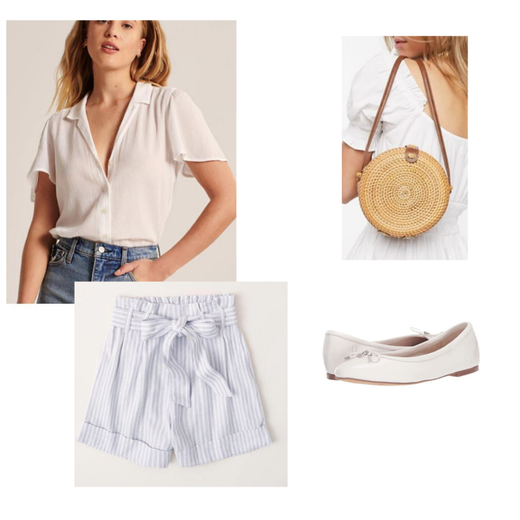 Audrey Hepburn summer outfit: White button down, striped paper bag shorts, wicker purse and white ballet flats