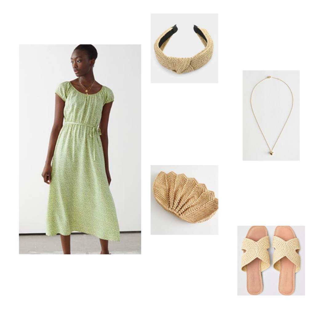 Green floral & Other Stories midi dress, rattan headband, heart pendant necklace, lotus straw clutch, wicker slides