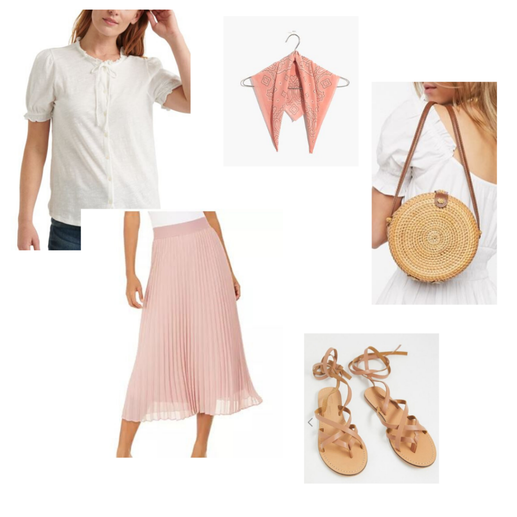 Lucky brand white blouse, pink midi skirt, pink scarf, woven purse, strappy sandals 