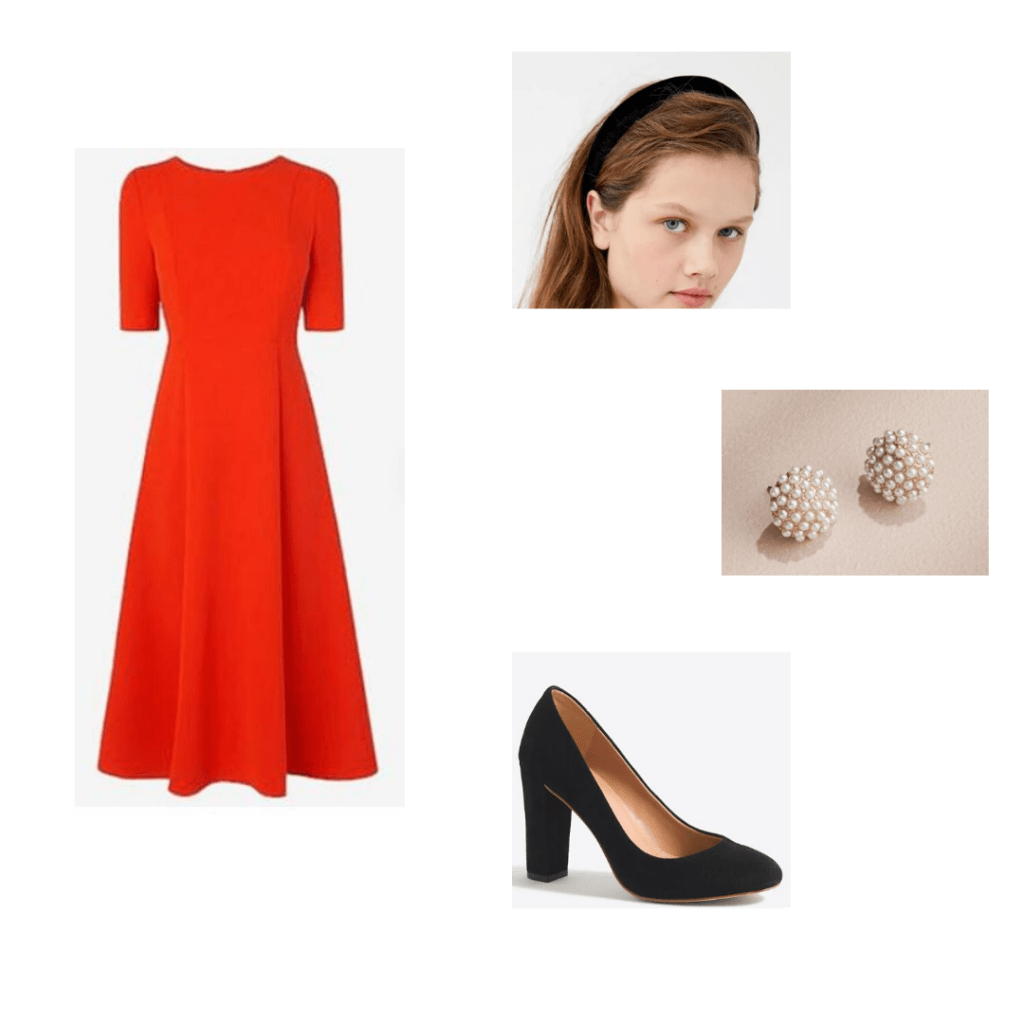 Kate Middleton zoom outfit - Red Kate Middleton Replica dress, urban outfitters black velvet headband, pearl stud earrings and J.Crew Factory block heels