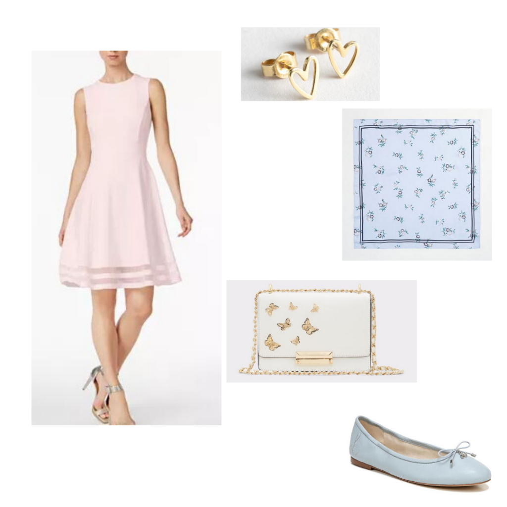 Pink Calvin Klein dress, heart earrings, floral blue scarf, butterfly embellished clutch, blue ballet flats  