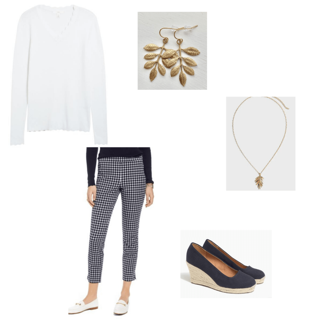 1901 scalloped white sweater and checked pants, gold leaf earrings and necklace with J.Crew Factory espadrille wedges