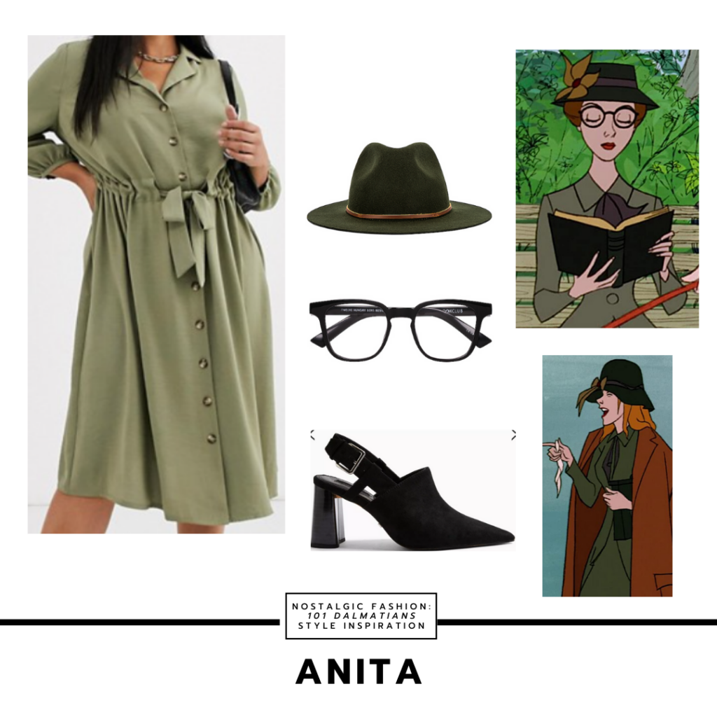 Disneybound style outfit inspired by Anita from Disney's 101 dalmatians - green wrap dress, dark green fedora, black rim glasses, pointed toe mules in black