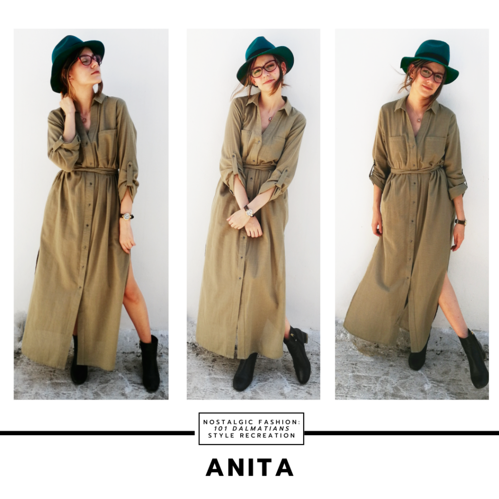 Disneybound outfit inspired by Anita from 101 dalmatians - green military style maxi dress, green hat, glasses, chunky boots