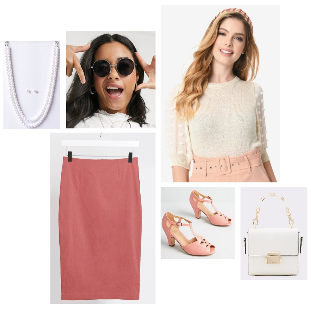 Look inspired by The Politician, Alice: white sweater, dusty rose pencil skirt, chunky t-strap heels