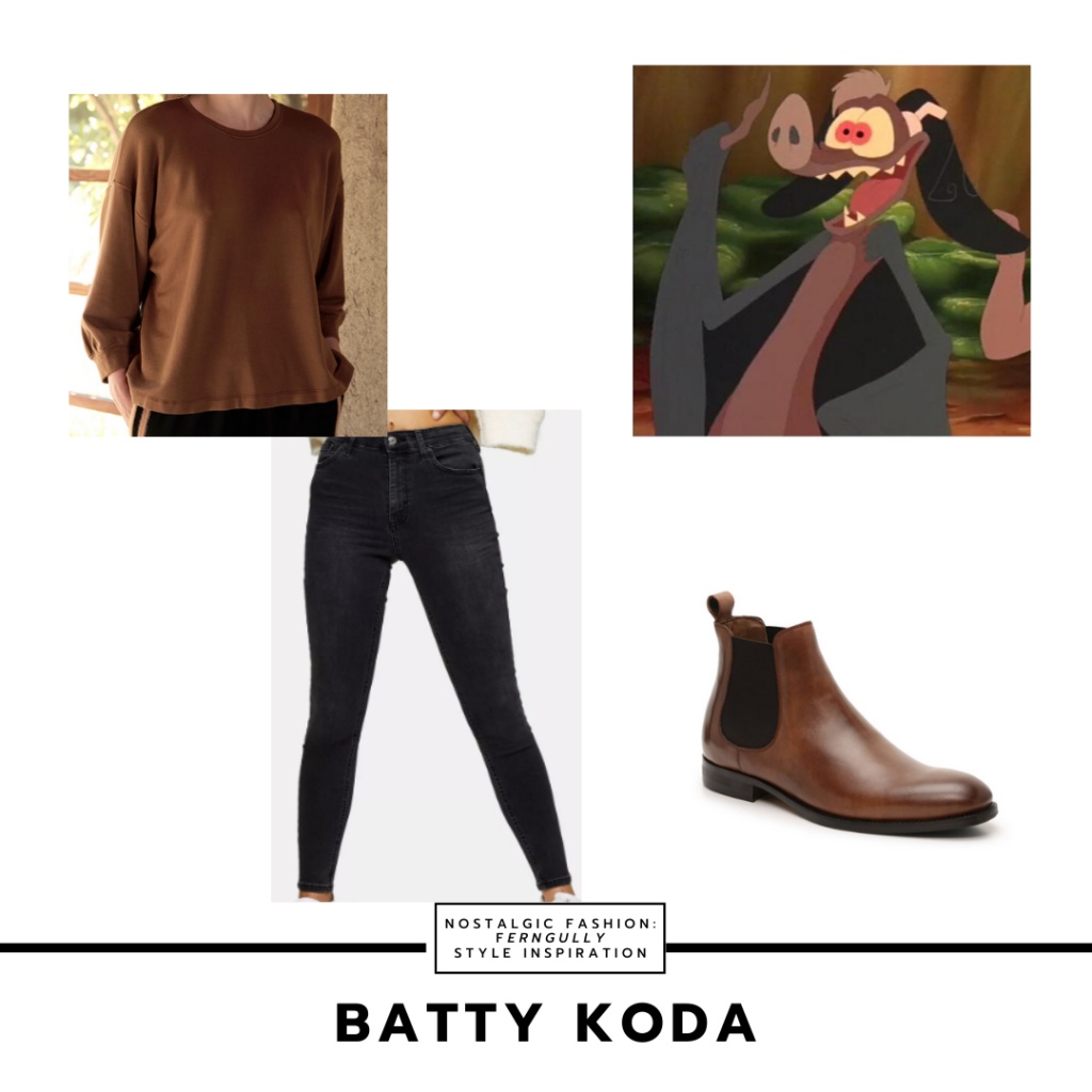 Batty Koda outfit from Fern Gully -- brown shirt, black skinny jeans, brown boots