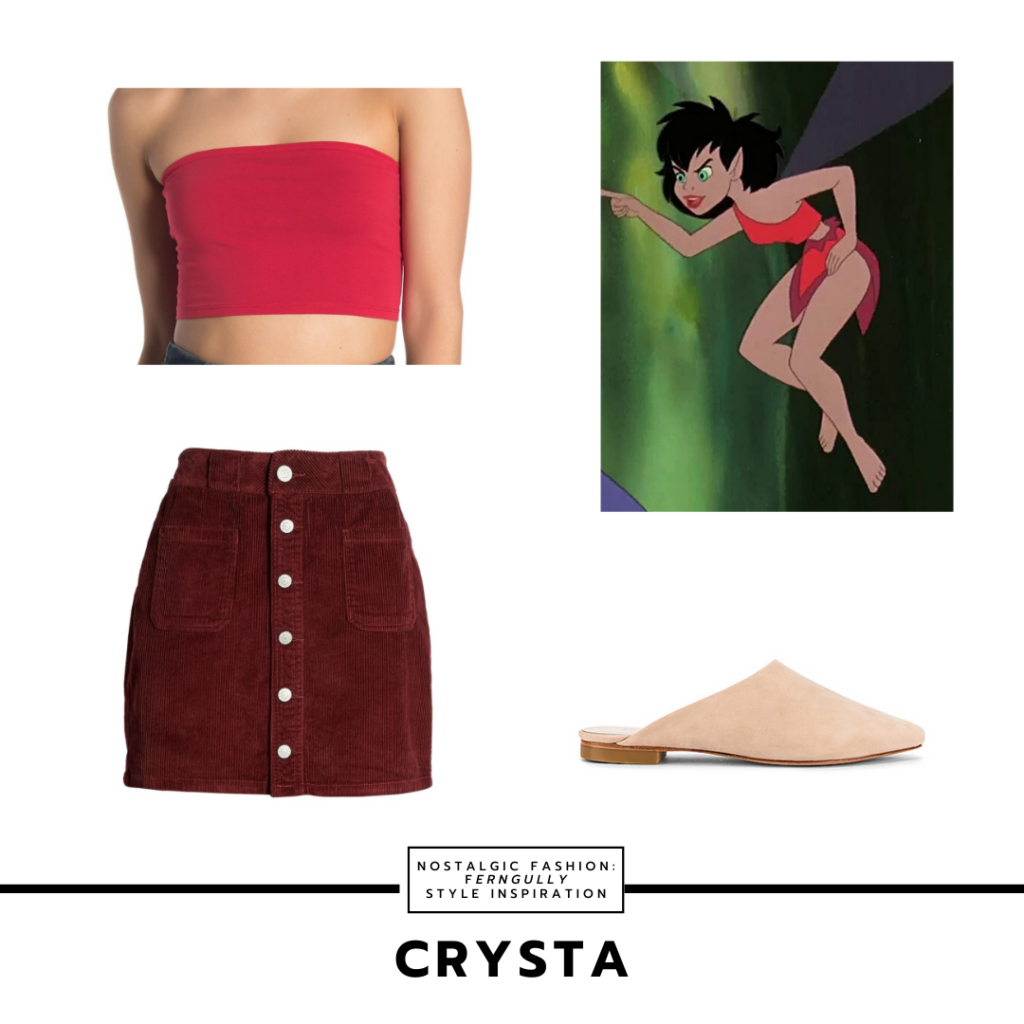 Crysta outfit from Fern Gully with burgundy skirt, bright red tube top, nude loafers