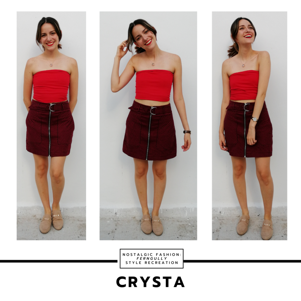 Crysta outfit from FernGully - red tube top, burgundy zip front skirt, nude shoes