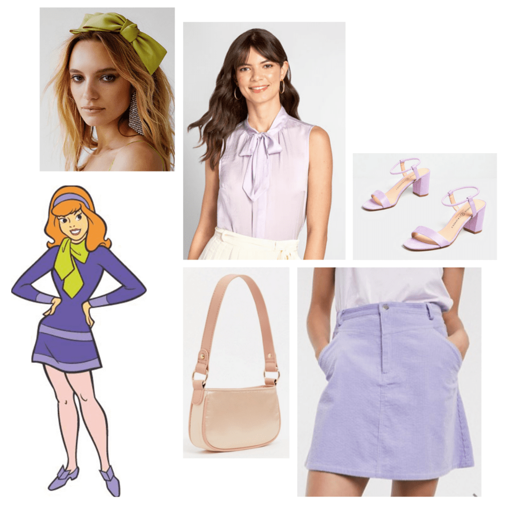 fashion outfit guide: daphne - lavender blouse, lavender miniskirt, lavender chunky heels