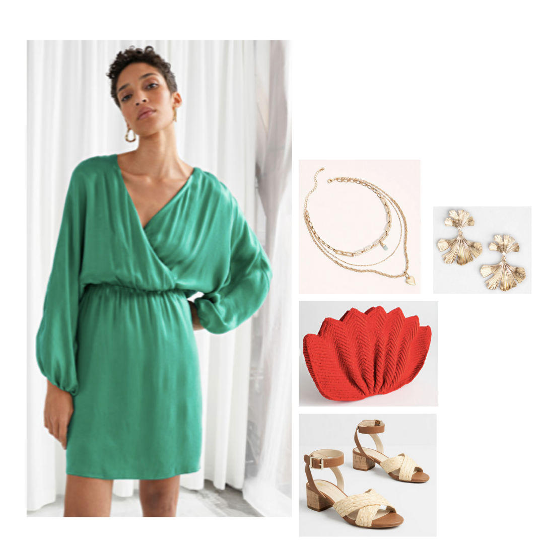 Look inspired by Georgina: emerald green flowy dress, strappy brown sandals, red tulip clutch