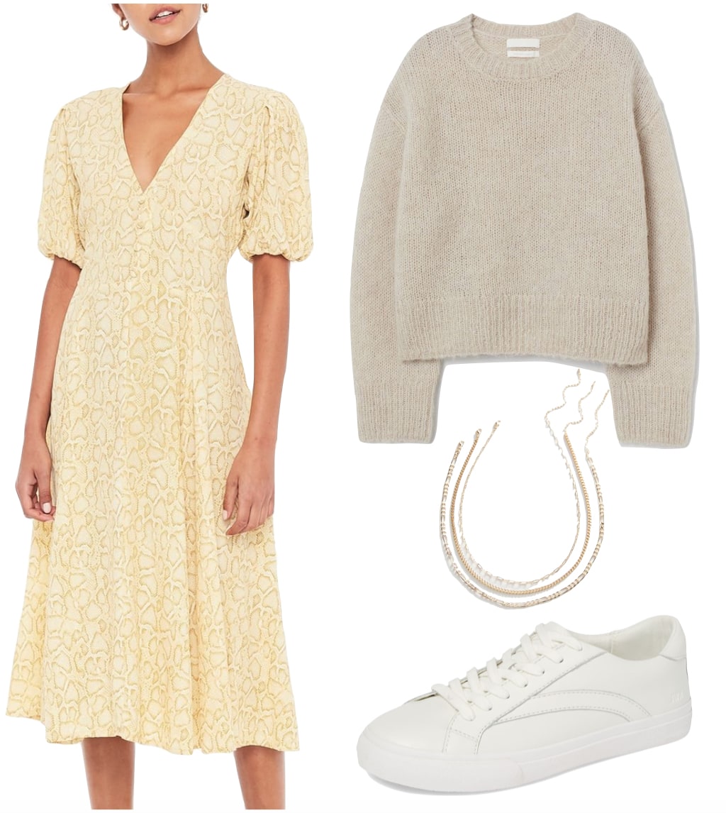 Hannah Bronfman Outfit: yellow snake print midi dress, beige sweater, gold layered chain necklaces, and white low top sneakers