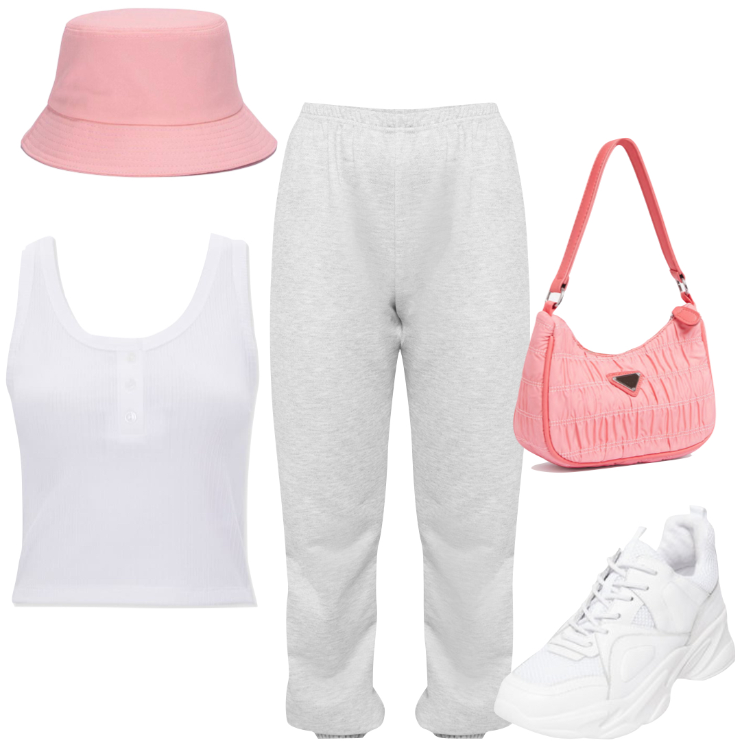 Lori Harvey Outfit: pink bucket hat, white henley tank top, gray sweatpants, pink nylon shoulder bag, and chunky white sneakers