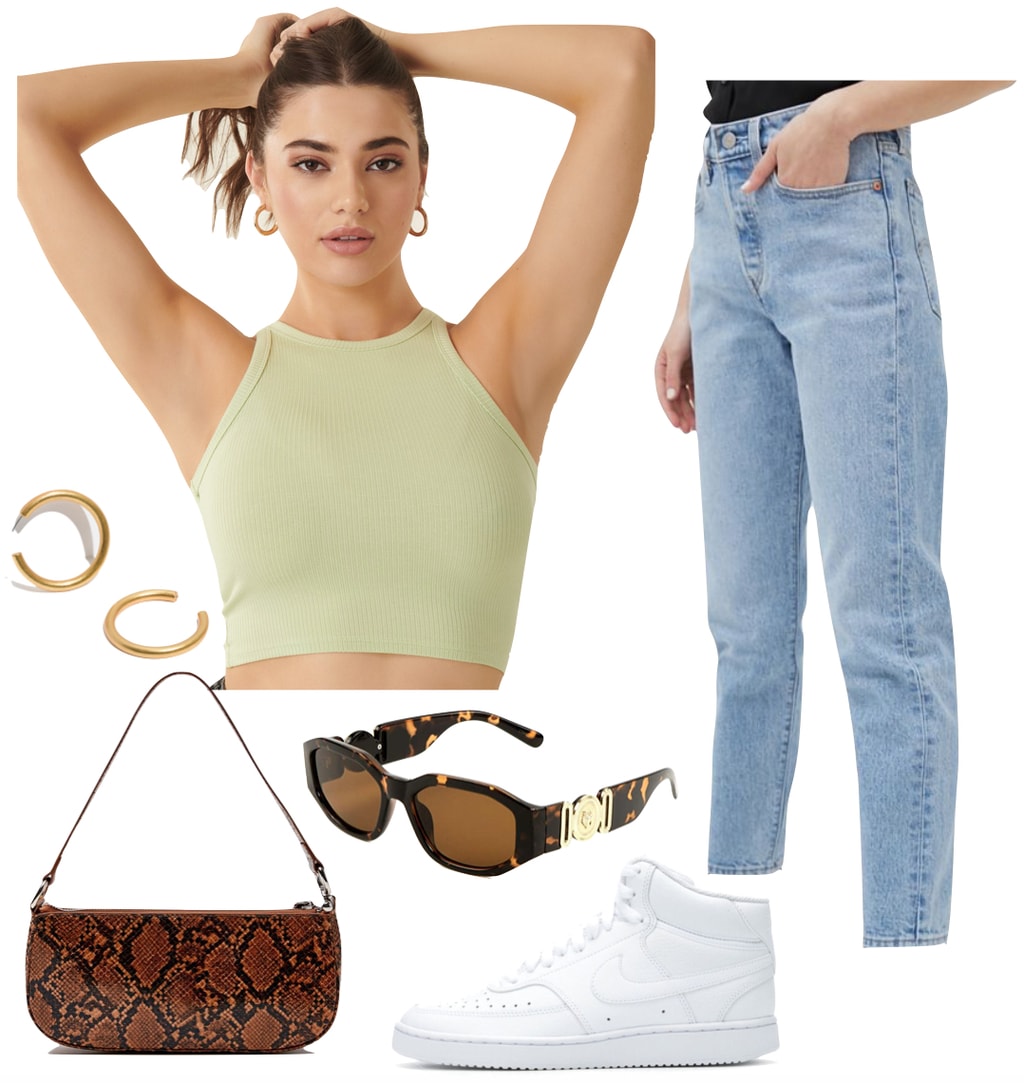 Madison Beer Outfit: lime green ribbed cropped tank top, straight leg jeans, chunky gold hoop earrings, tortoise gold medallion sunglasses, crocodile shoulder bag, and white high top sneakers