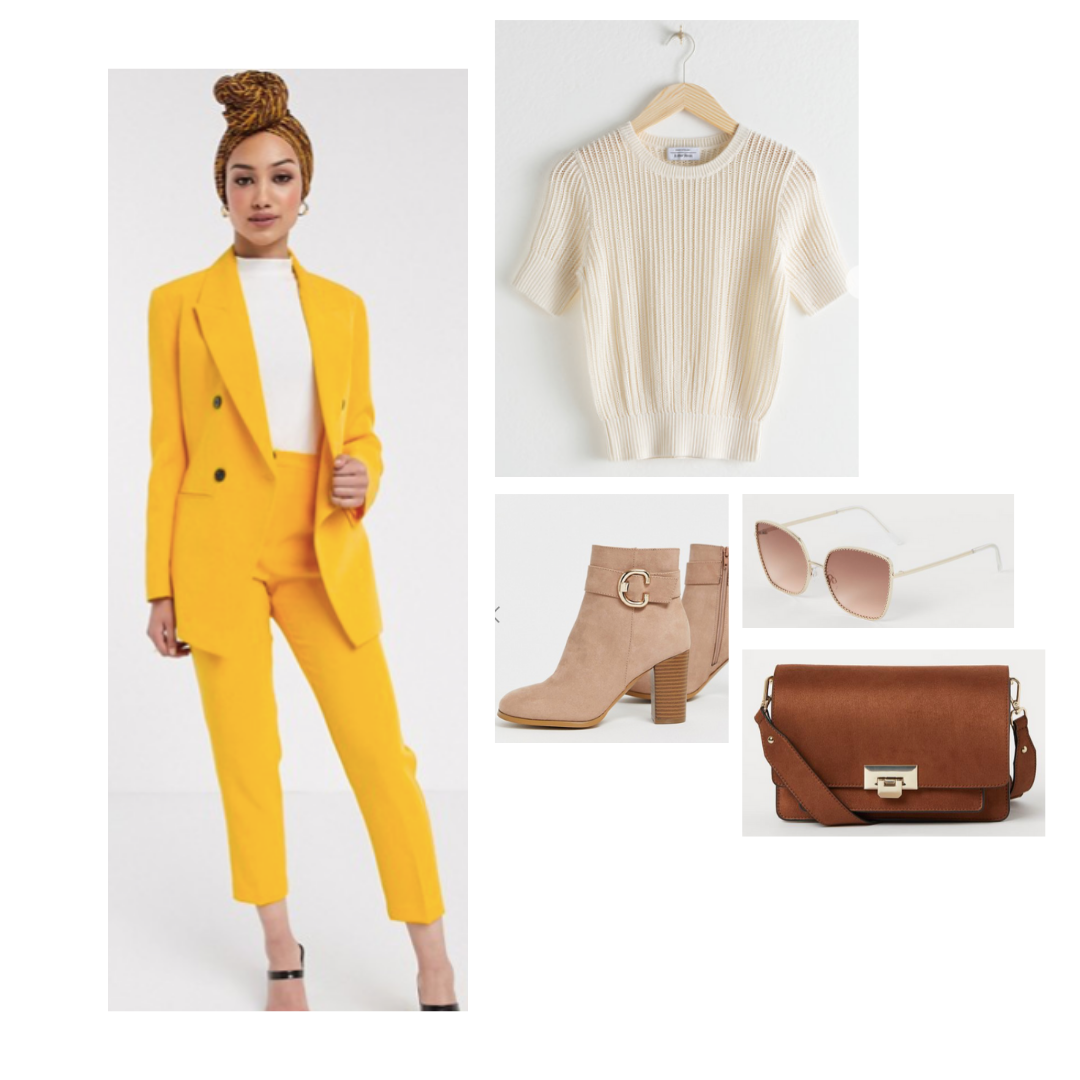 Look inspired by McAfee from The Politician: yellow matching pansuit, ceam top, chunky tan booties