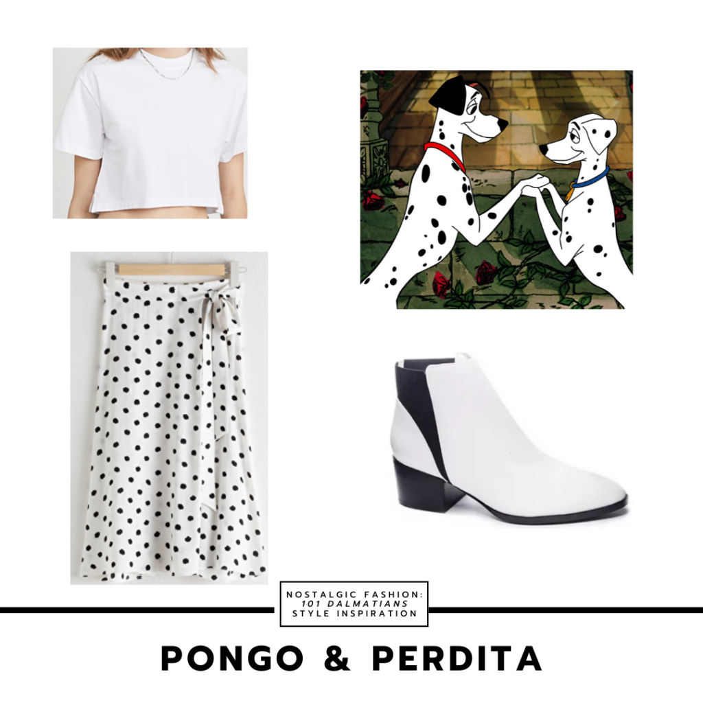 Pongo and Perdita dalmatian inspired outfit from 101 dalmatians - polka dot skirt, white ankle boots, white cropped tee shirt