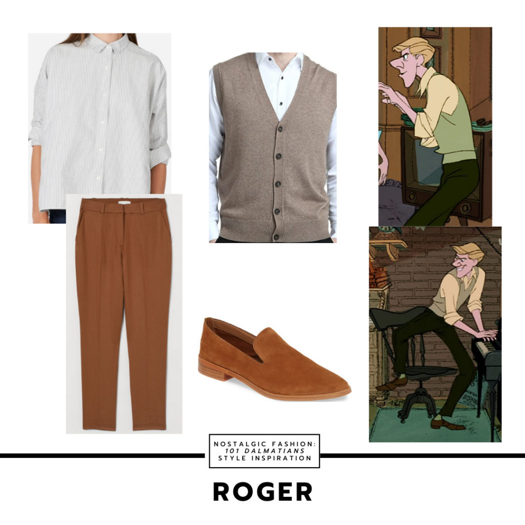 Disneybound style outfit inspired by Roger from 101 dalmatians with brown pants, gray vest, cream button-down shirt, oxfords