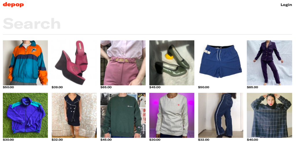 Screenshot of one of our favorite online thrift stores, Depop,'s website's search page