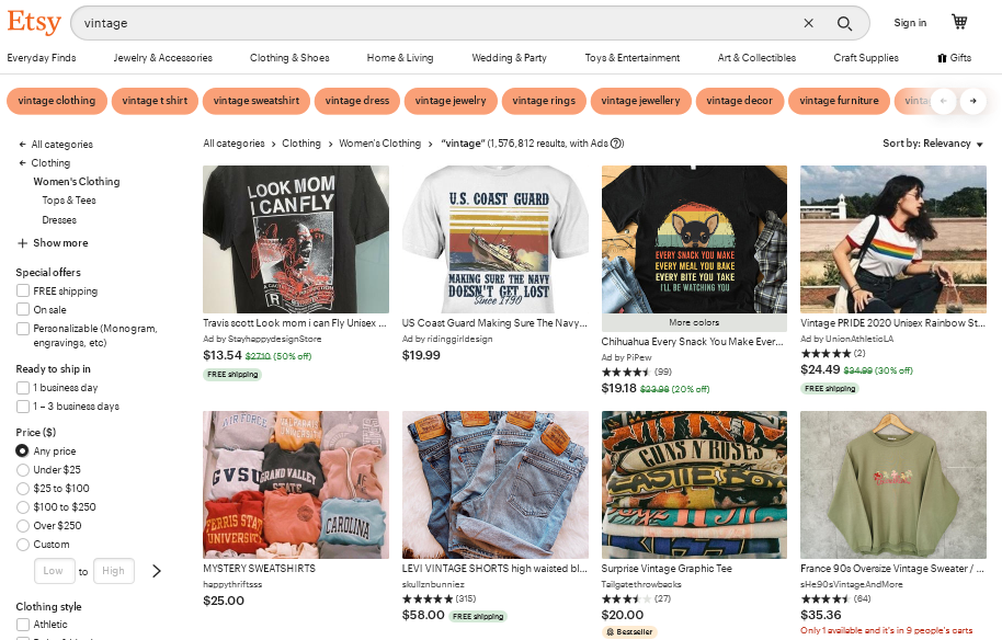 Screenshot of the search term "vintage" on the Etsy website