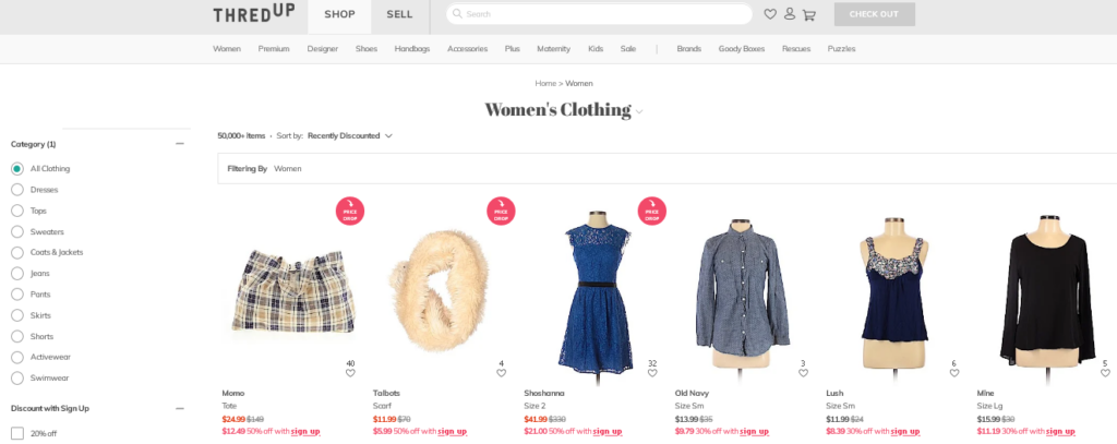 Screenshot of the ThredUp website