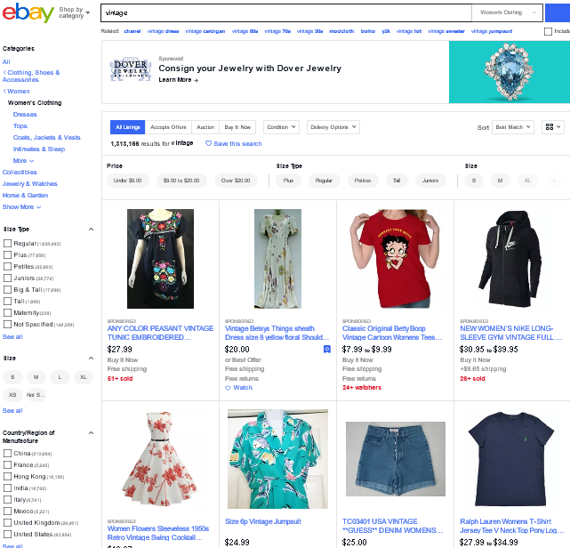 Screenshot of the search term "vintage" on the eBay website