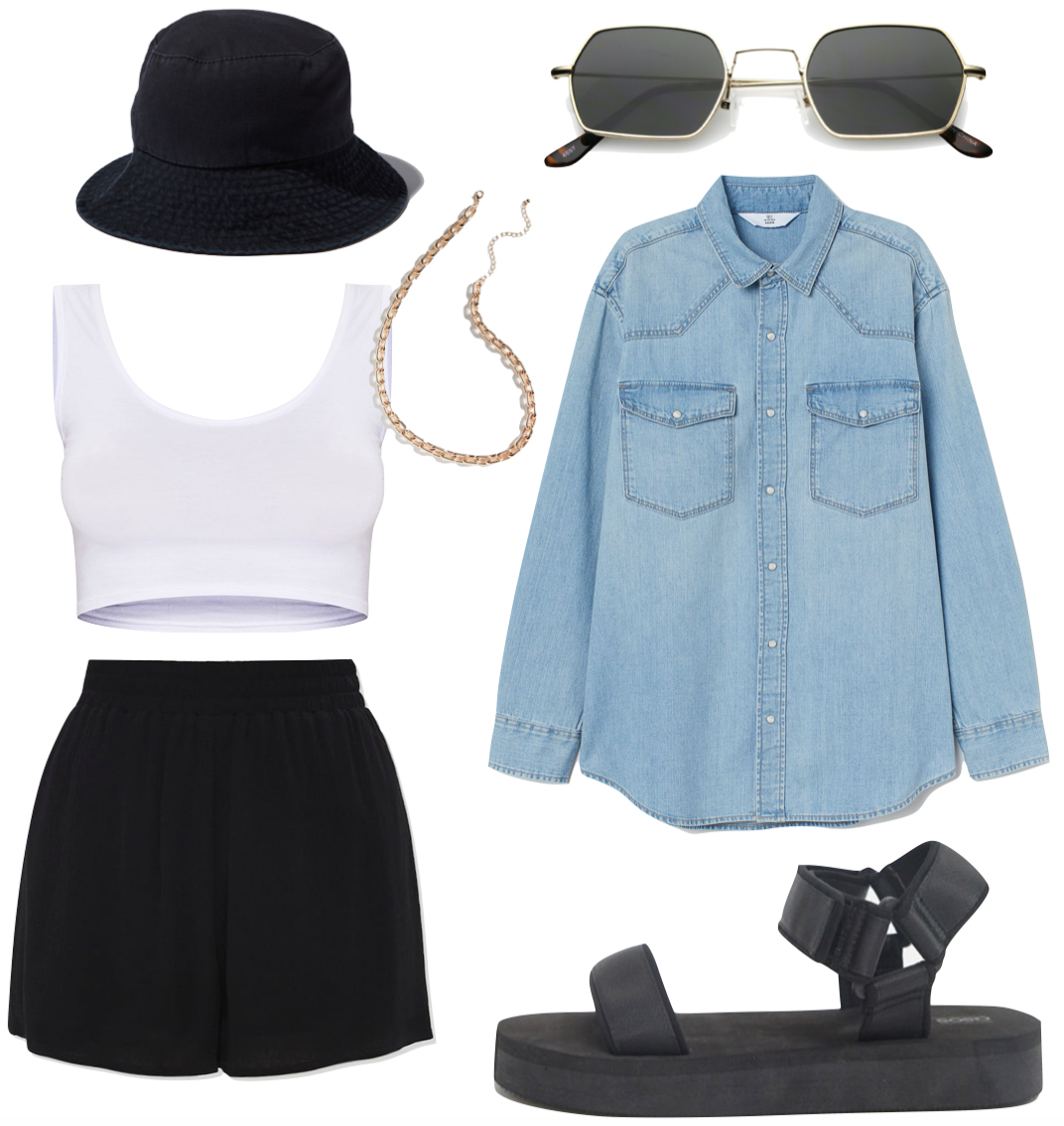 Shay Mitchell bucket hat Outfit: white cropped tank top, black high rise shorts, black bucket hat, gold chain necklace, denim shirt, hexagon sunglasses, and black sporty double strap sandals