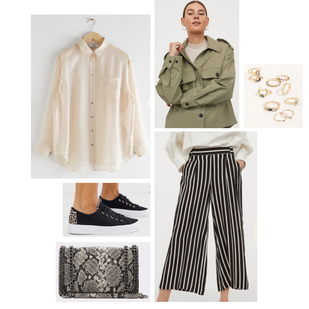 Look inspired by Skye: green military jacket, cream silky blouse, pinstripe cullottes, black sneakers