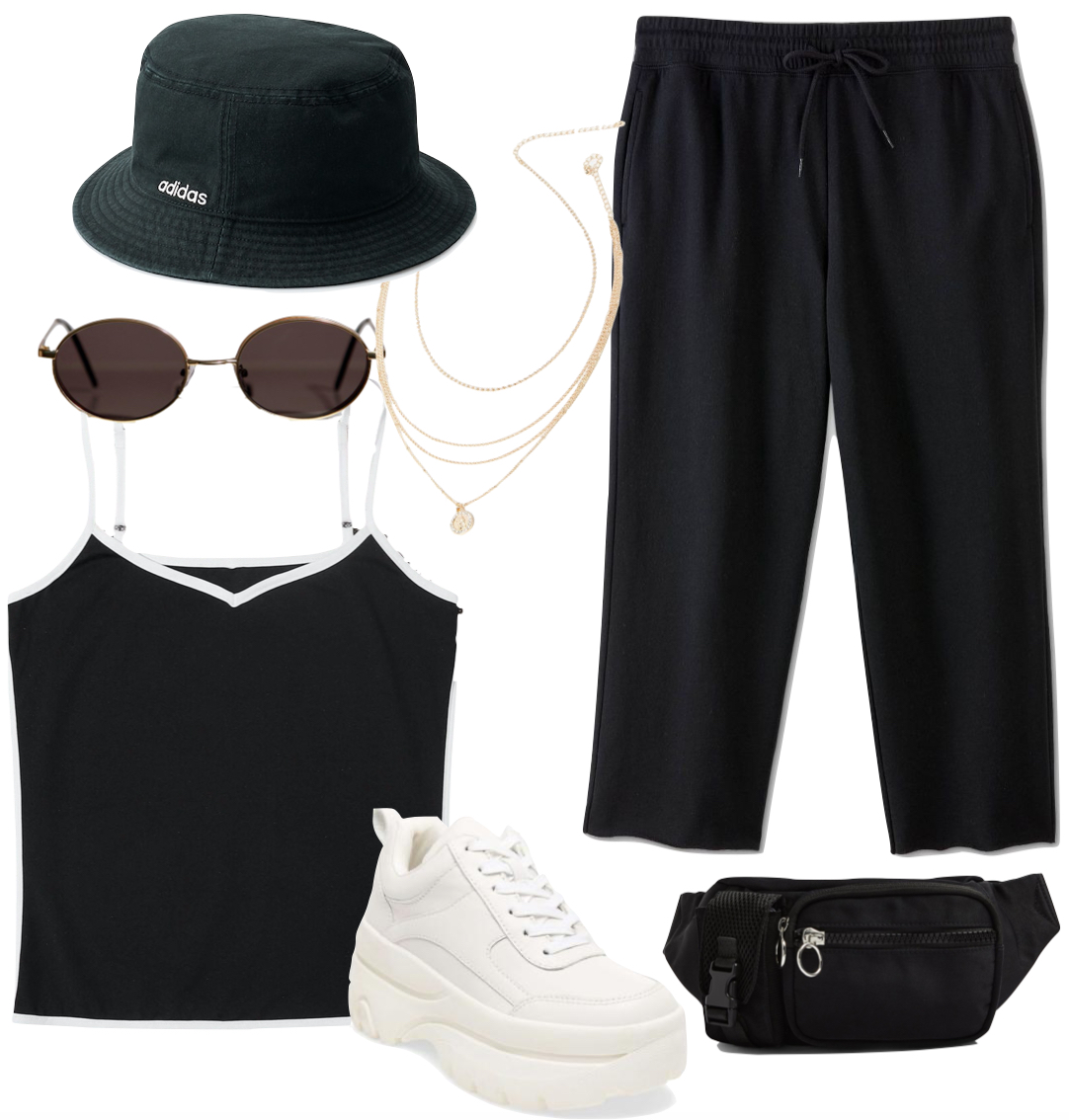 Vanessa Hudgens Outfit: cropped black sweatpants, black Adidas logo bucket hat, gold layered necklace, oval sunglasses, black and white contrast trim tank top, black belt bag and chunky white platform sneakers