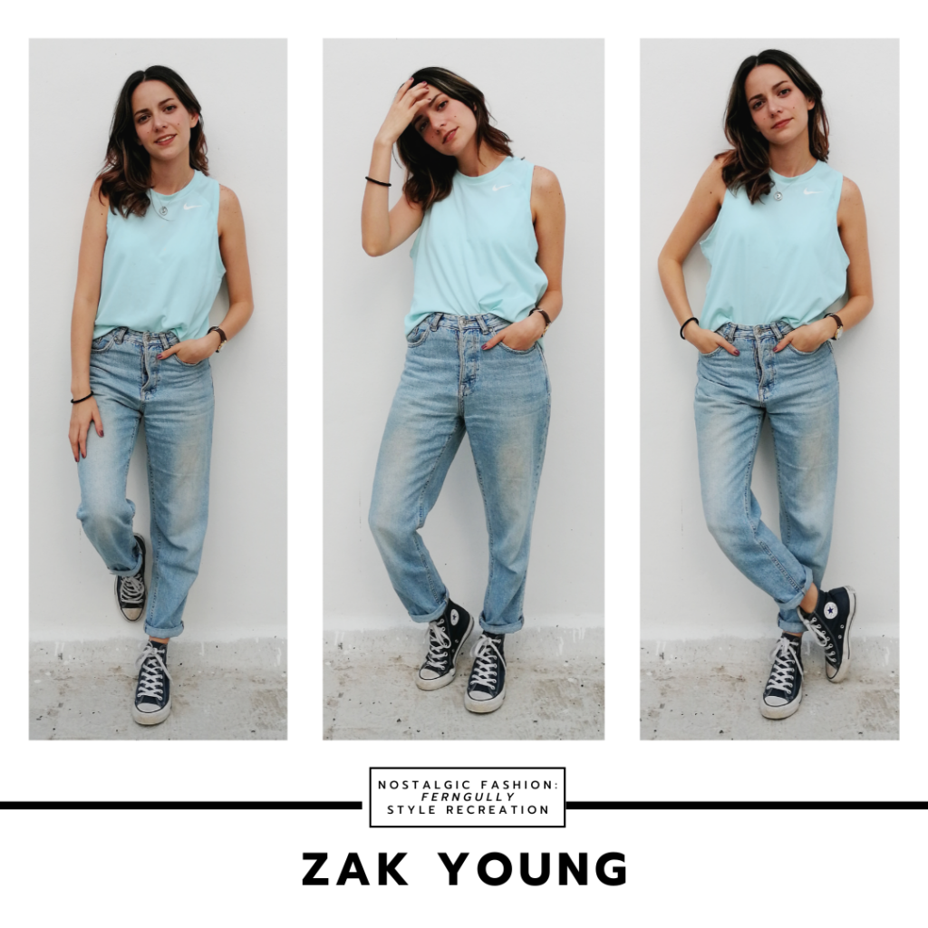 Outfit inspired by Zak from Ferngully the Last Rainforest – light blue tank, baggy boyfriend jeans, high top converse sneakers