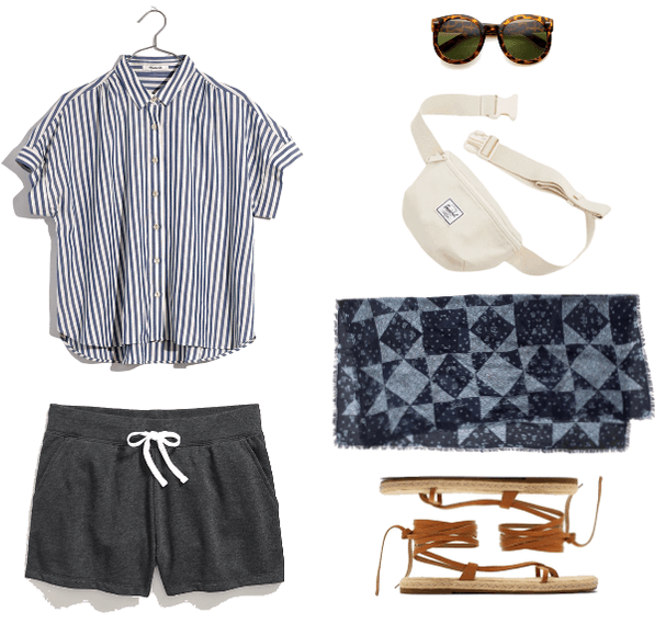 How to Wear Sweat Shorts the Fashion Girl Way | Outfit #1 with gray sweat shorts, striped button-down top, bandana, lace-up sandals, fanny pack, sunglasses