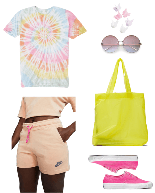 How to Wear Sweat Shorts the Fashion Girl Way | Outfit #3 with pink sweat shorts, tie-dye t-shirt, yellow bag, pink sneakers, round sunglasses, butterfly clips