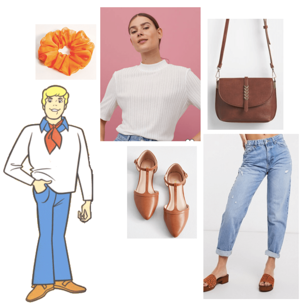 fashion outfit guide: white mock neck sweater, boyfriend light-wash denim jeans, brown flats, brown saddle bag