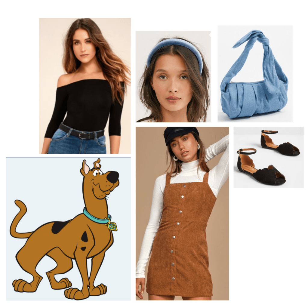 fashion outfit guide: scooby doo - black off-the-shoulders sweater, brown pinafore dress, blue headband