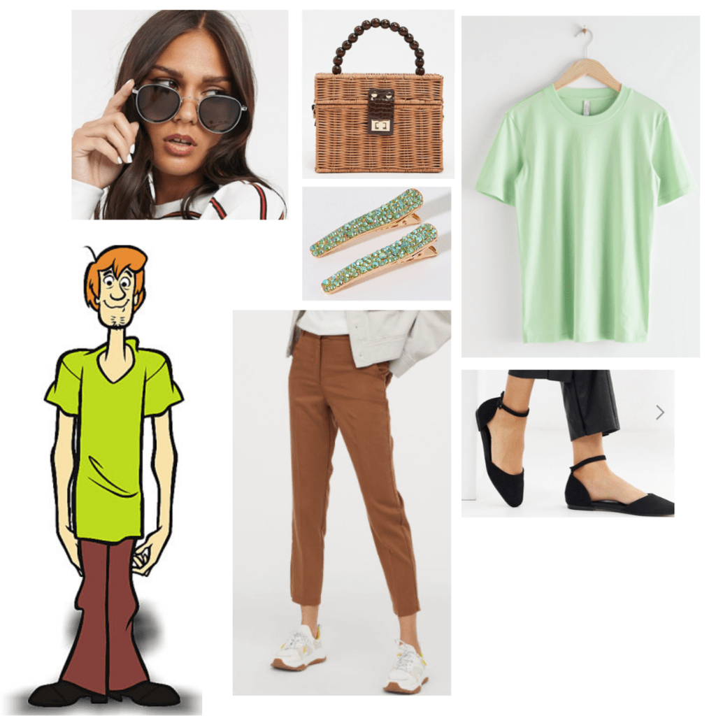 Scooby Doo fashion outfit guide: shaggy - green tee, brown trousers, black flats, retro sunglasses