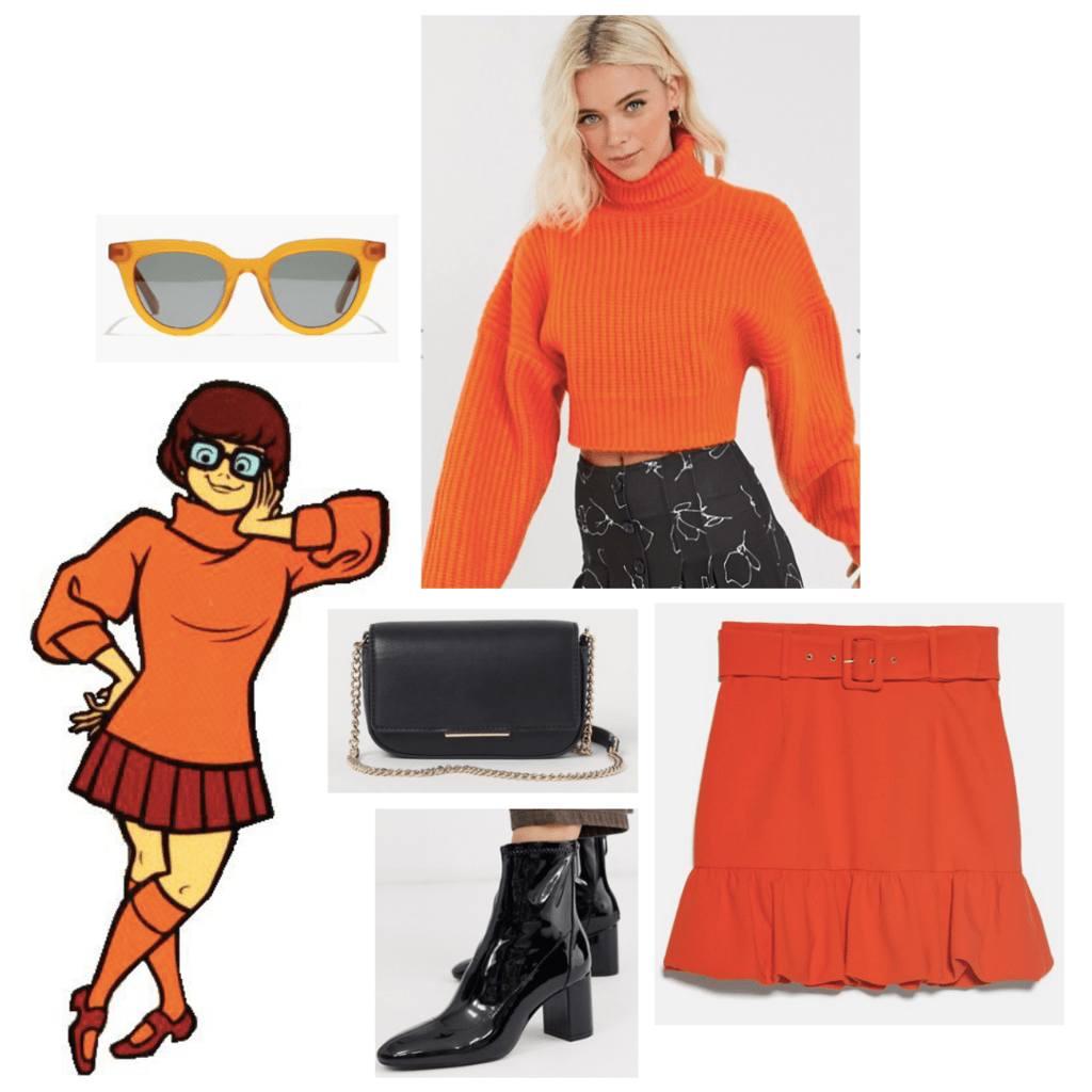 Scooby Doo fashion outfit guide: velma - orange turtleneck sweater, retro yellow sunglasses, orange miniskirt, black boots