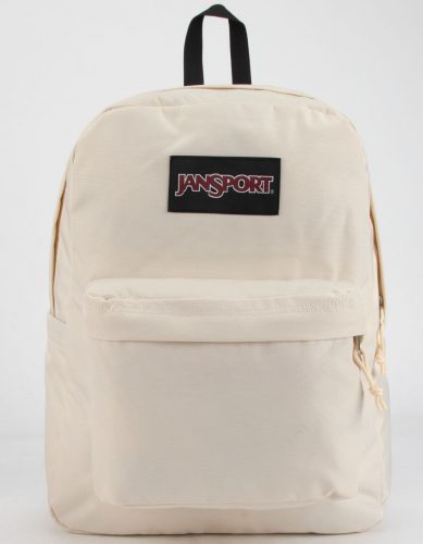 all white JanSport backpack for a minimalistic vibe.