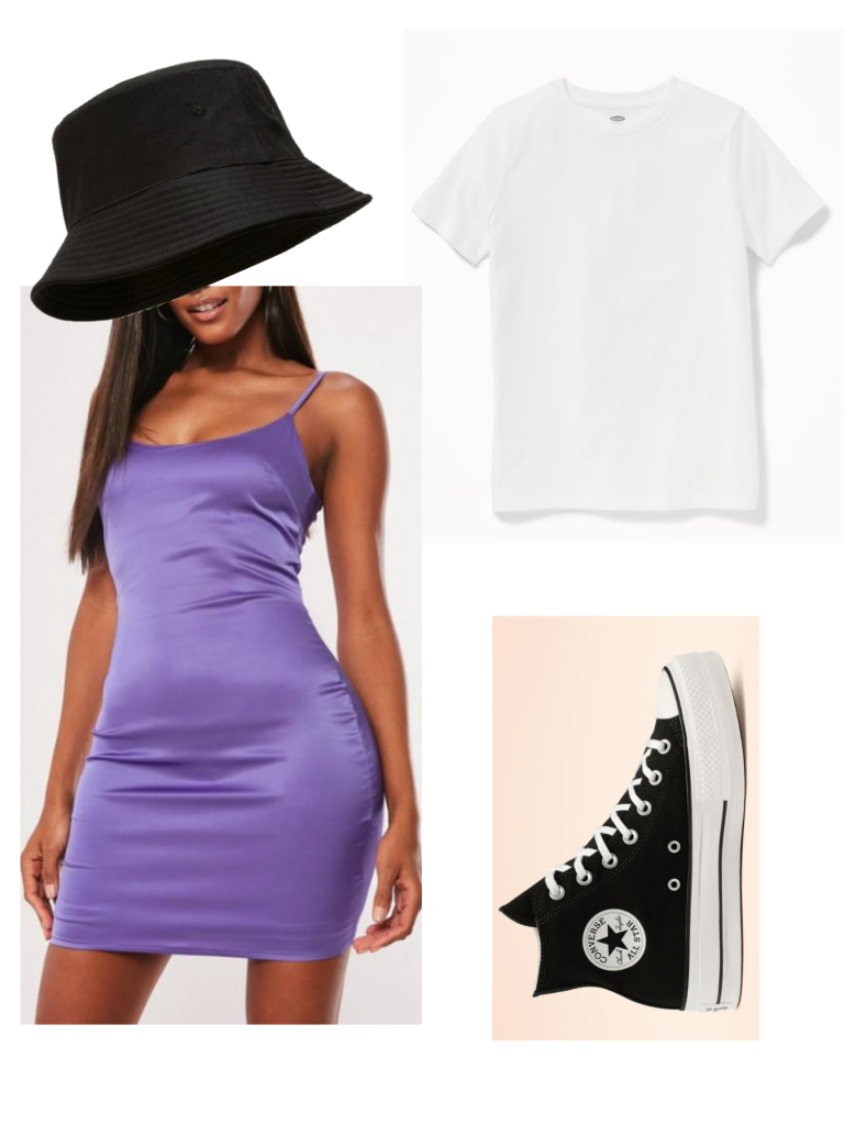 Formal outfit that could be casual: Bucket hat, little purple dress, white t-shirt, Converse high top sneakers